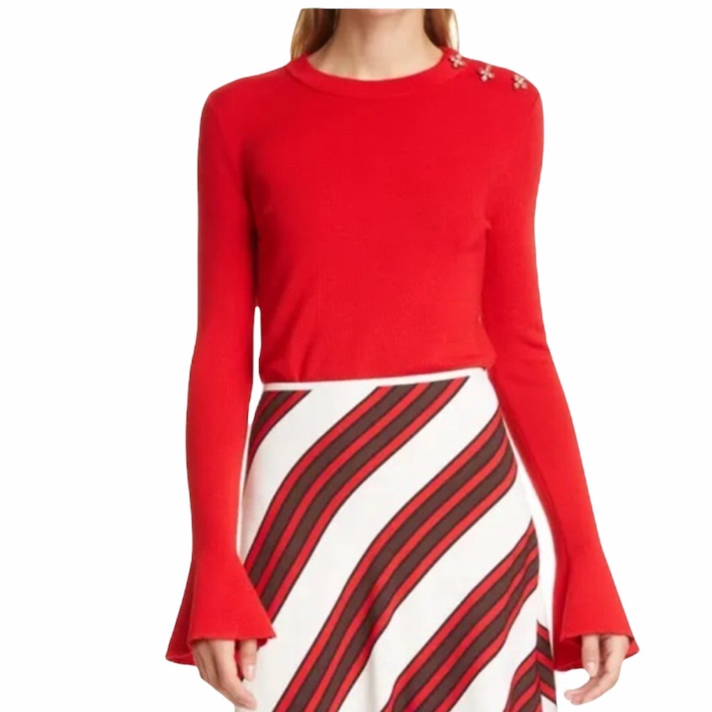 Tory Burch Red Bijoux Crystal Button Wool Sweater Size XL